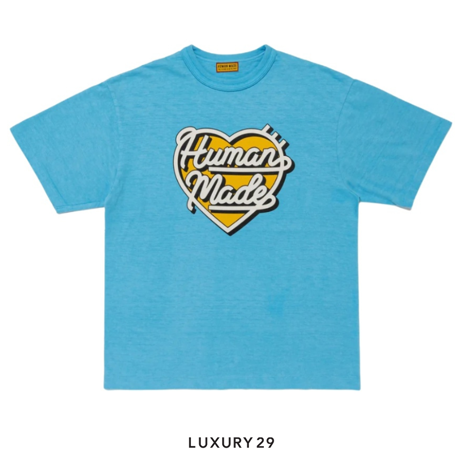 Blue t-shirt with 'Human Made' logo on a white background