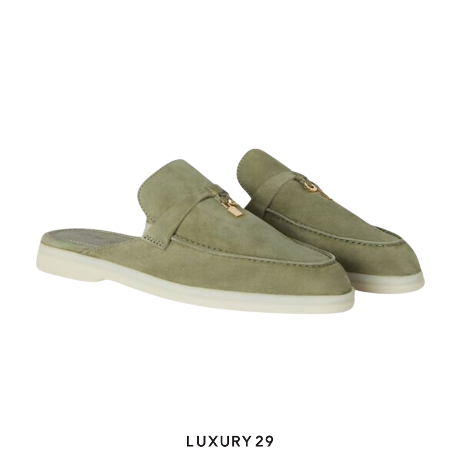 Loro Piana Babouche Charms Walk Loafers Suede Goatskin Verde Harrod's LORO PIANA