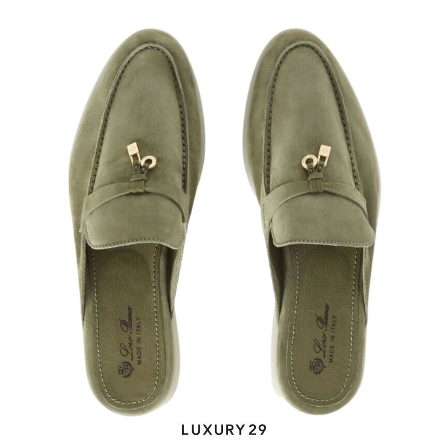 Loro Piana Babouche Charms Walk Loafers Suede Goatskin Verde Harrod's LORO PIANA