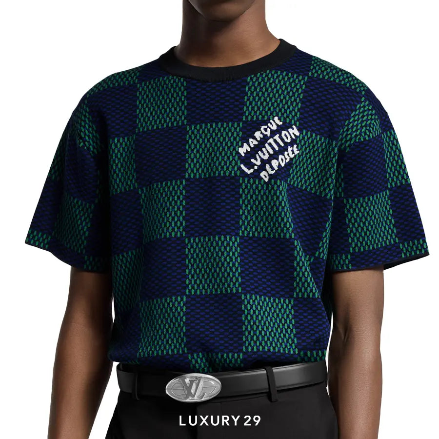 Louis Vuitton LV Jacquard Damier Short-Sleeved Cotton Crewneck Clematis Blue LOUIS VUITTON Luxury29