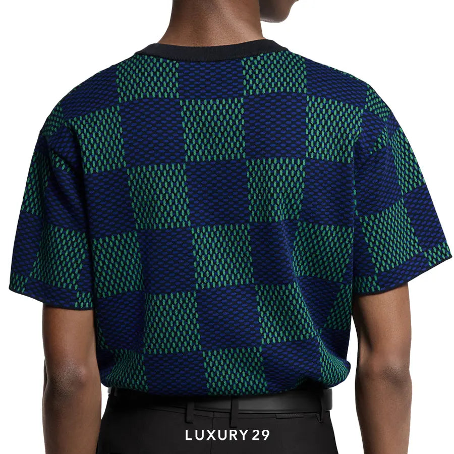 Louis Vuitton LV Jacquard Damier Short-Sleeved Cotton Crewneck Clematis Blue LOUIS VUITTON Luxury29