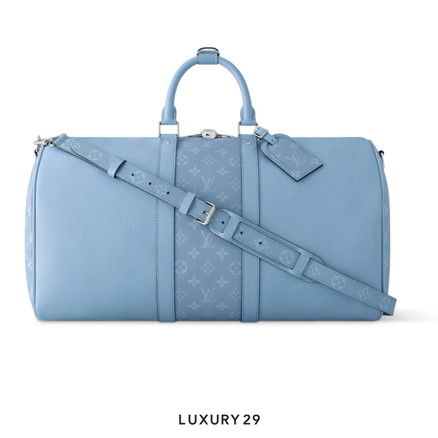 Louis Vuitton LV Keepall Bandouliere 50 Monogram coated canvas and Taiga cowhide leather Sky blue LOUIS VUITTON