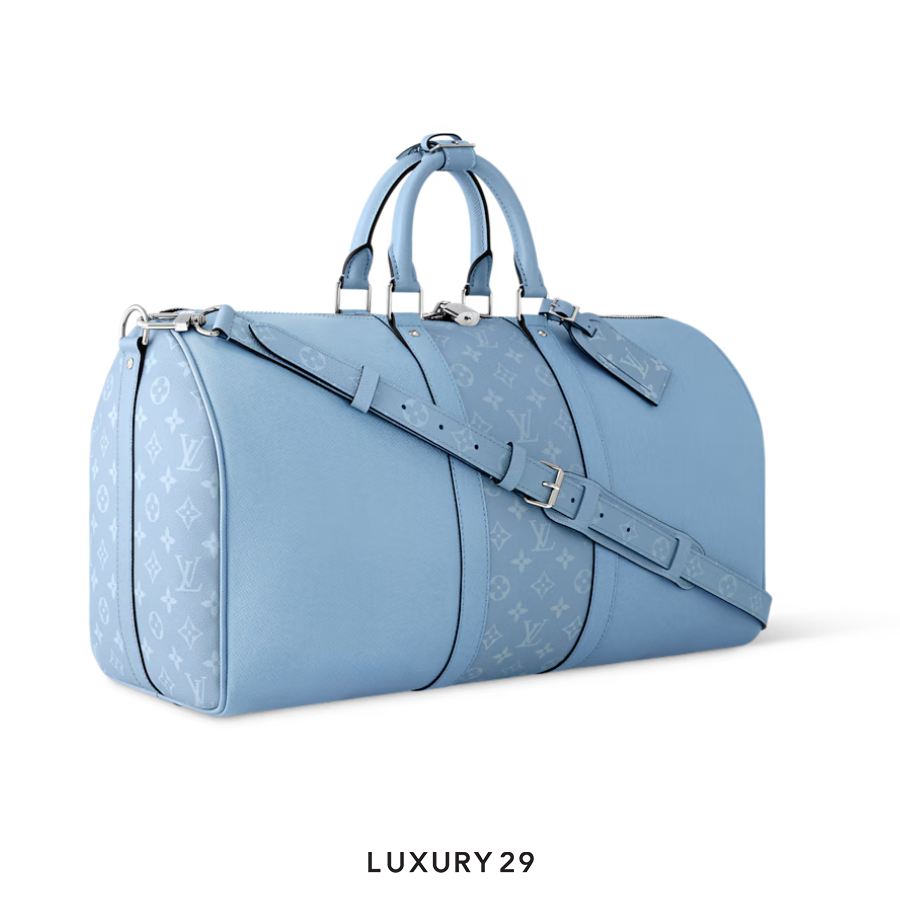 Louis Vuitton LV Keepall Bandouliere 50 Monogram coated canvas and Taiga cowhide leather Sky blue LOUIS VUITTON