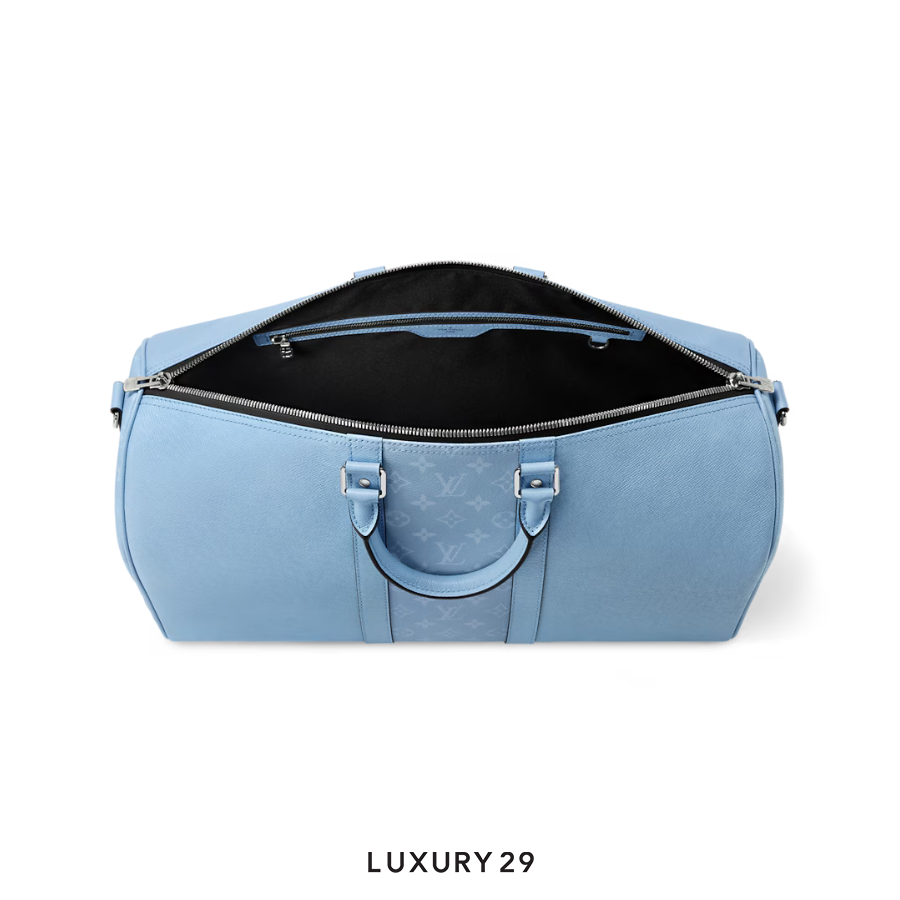 Louis Vuitton LV Keepall Bandouliere 50 Monogram coated canvas and Taiga cowhide leather Sky blue LOUIS VUITTON