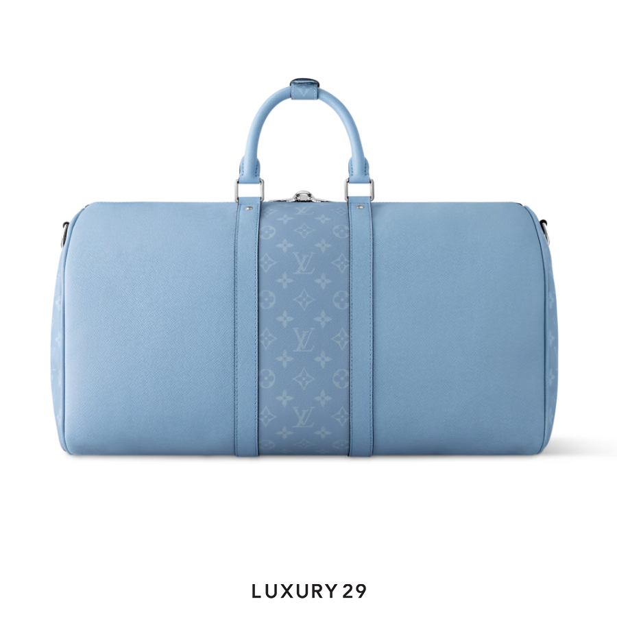 Louis Vuitton LV Keepall Bandouliere 50 Monogram coated canvas and Taiga cowhide leather Sky blue LOUIS VUITTON