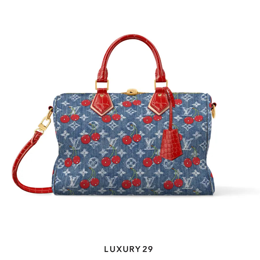 Louis Vuitton LV x TM Speedy Soft 30 Bag Monogram jeans with cherries Blue Crocodile leather handle
