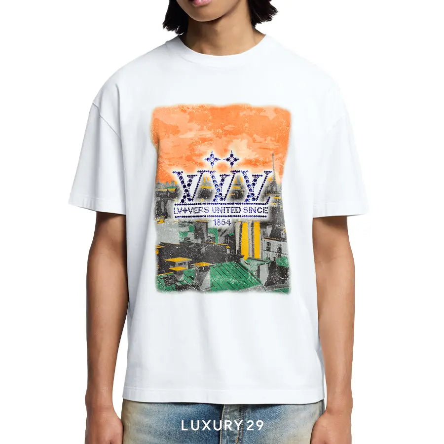 Person wearing a white t-shirt with a colorful graphic design on a white background