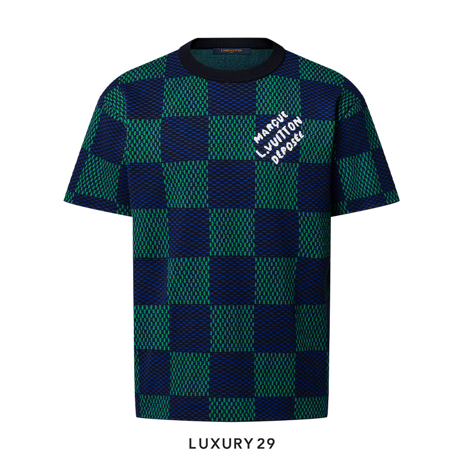 Louis Vuitton LV Jacquard Damier Short-Sleeved Cotton Crewneck Clematis Blue