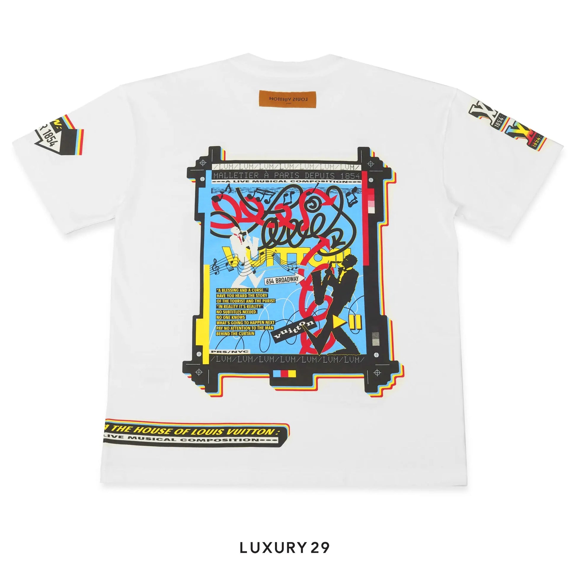 White t-shirt with colorful graphic design and 'Louis Vuitton' branding on a white background.