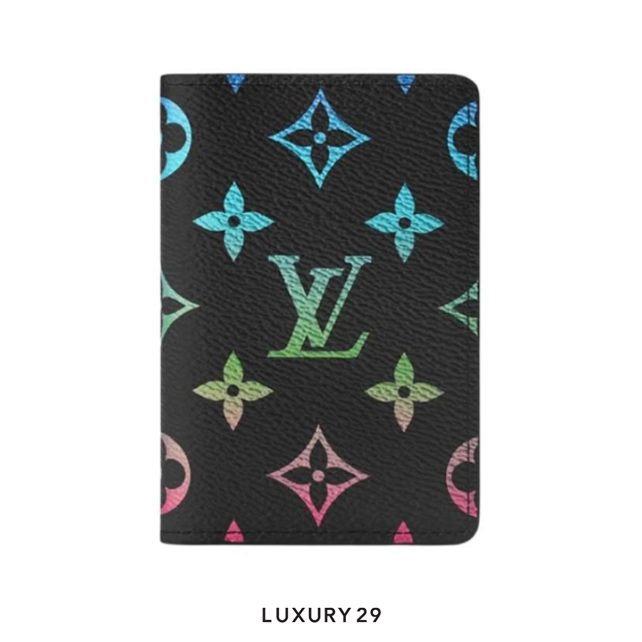 Louis Vuitton wallet with multicolor monogram pattern on a white background