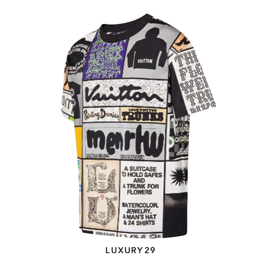 Multicolored patterned shirt with various text and logos on a white background