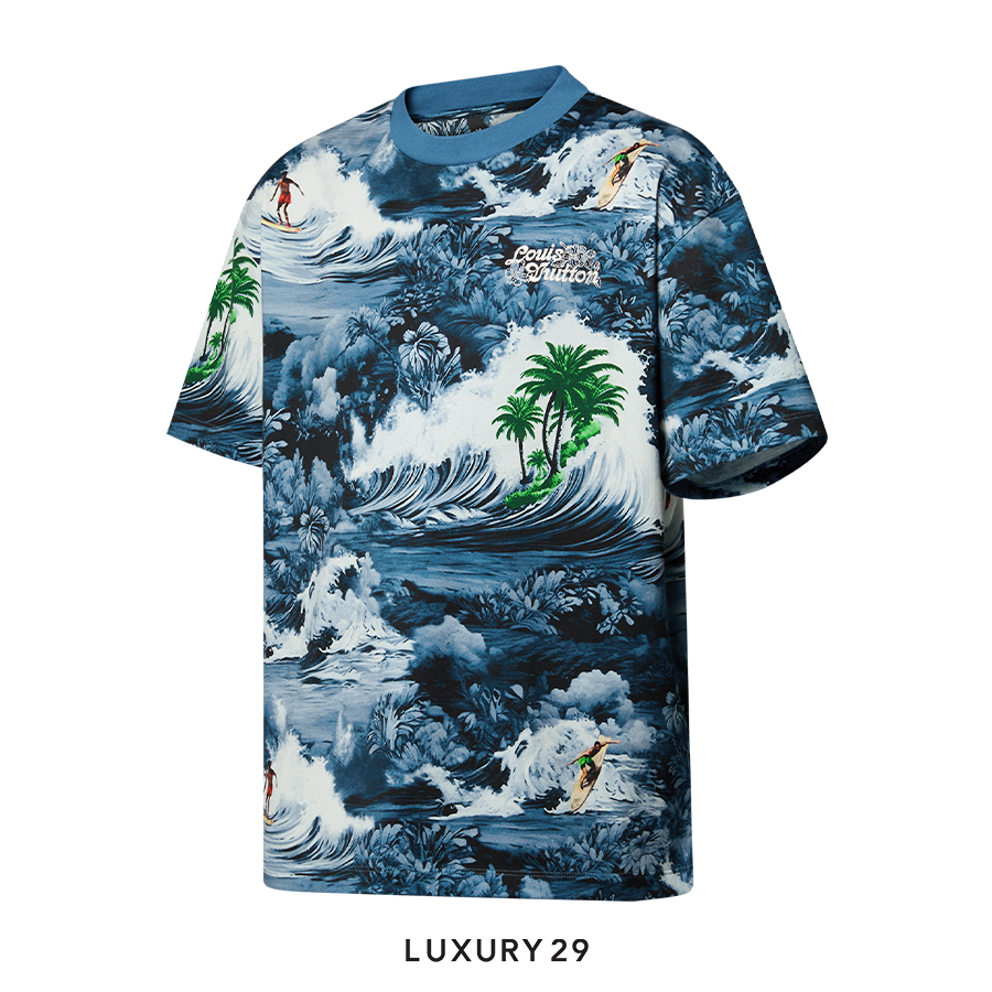 T-shirt with wave and palm tree pattern on a white background