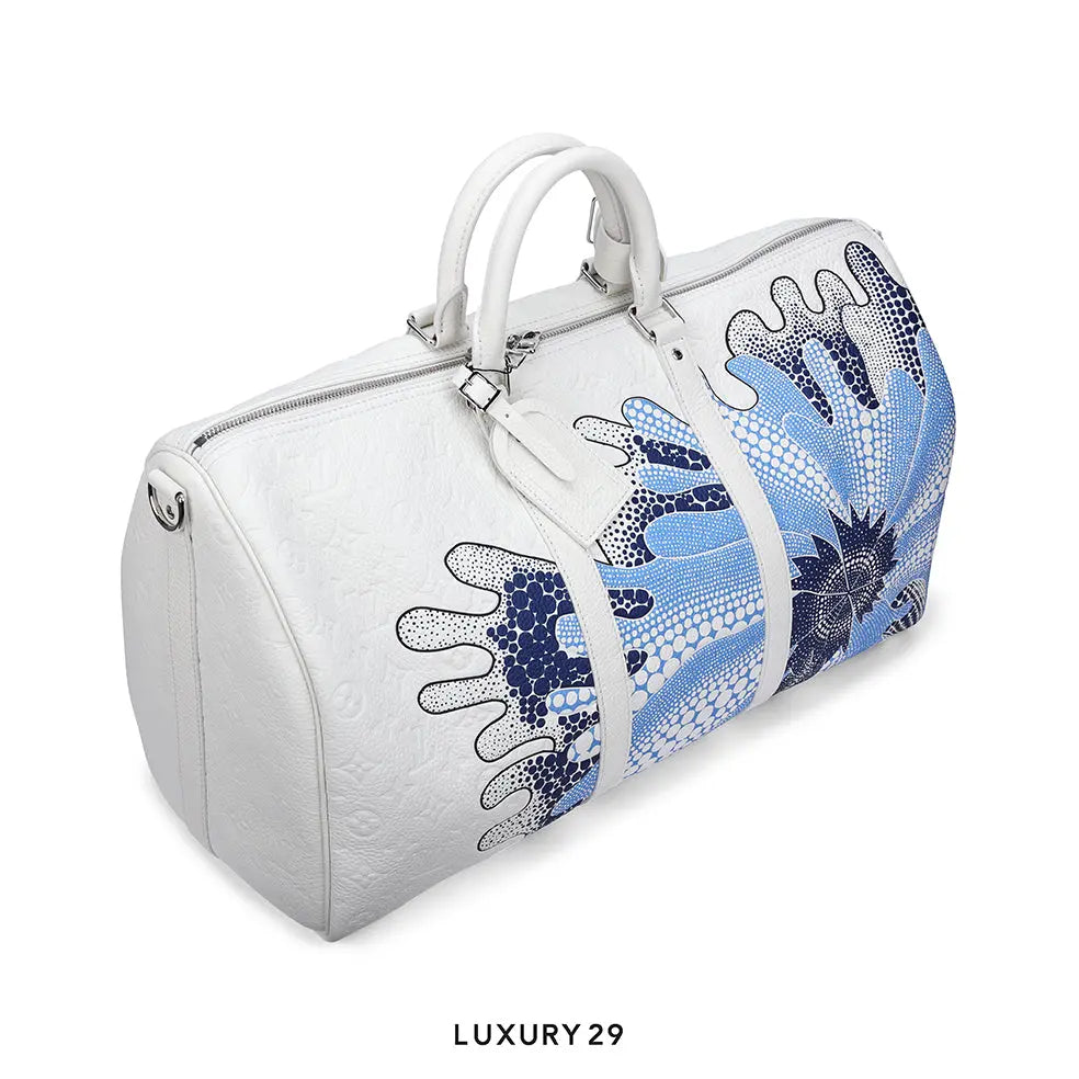 Louis Vuitton LV x YK Keepall Bandouliere 50 Bag White Taurillon Monogram cowhide leather with Psychedelic Flower print LOUIS VUITTON