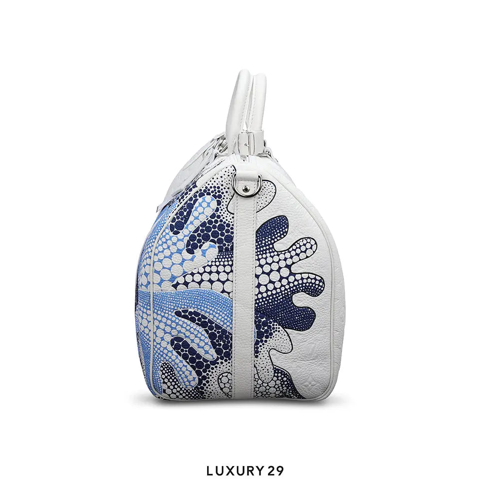 Louis Vuitton LV x YK Keepall Bandouliere 50 Bag White Taurillon Monogram cowhide leather with Psychedelic Flower print LOUIS VUITTON