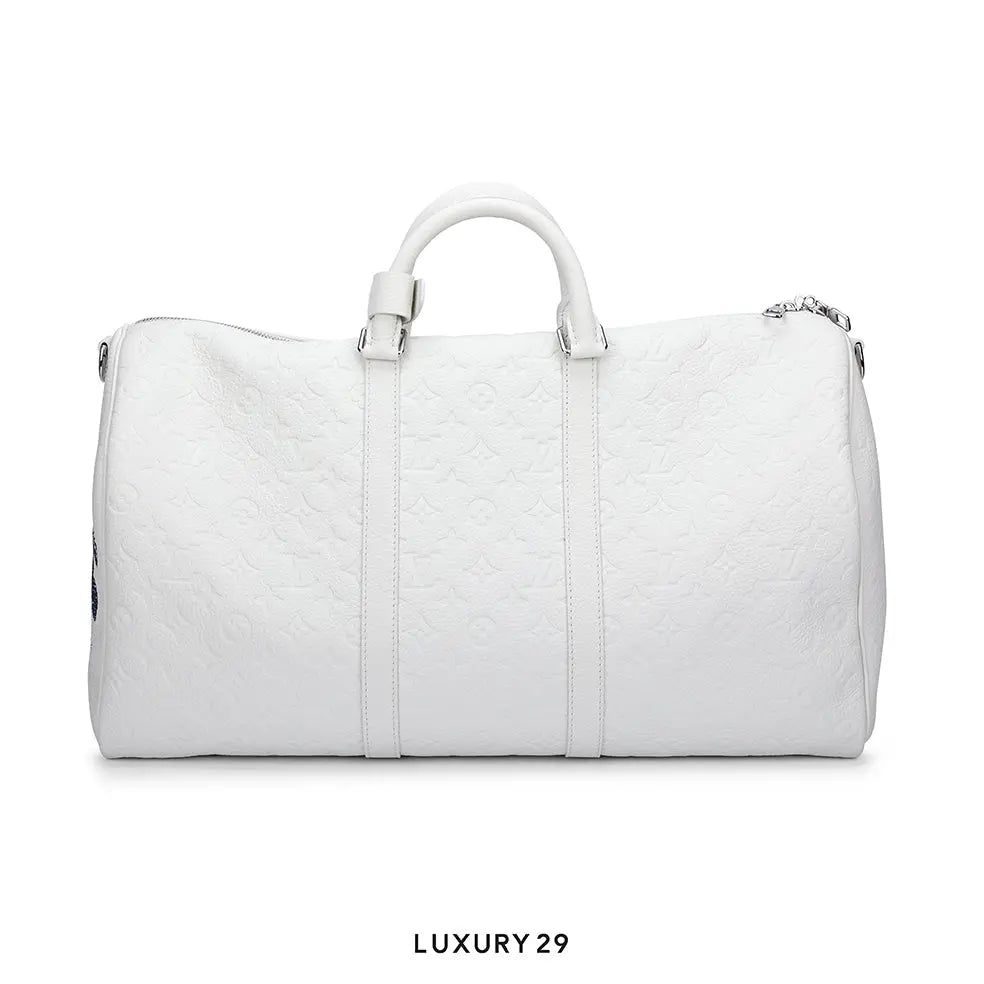 Louis Vuitton LV x YK Keepall Bandouliere 50 Bag White Taurillon Monogram cowhide leather with Psychedelic Flower print LOUIS VUITTON