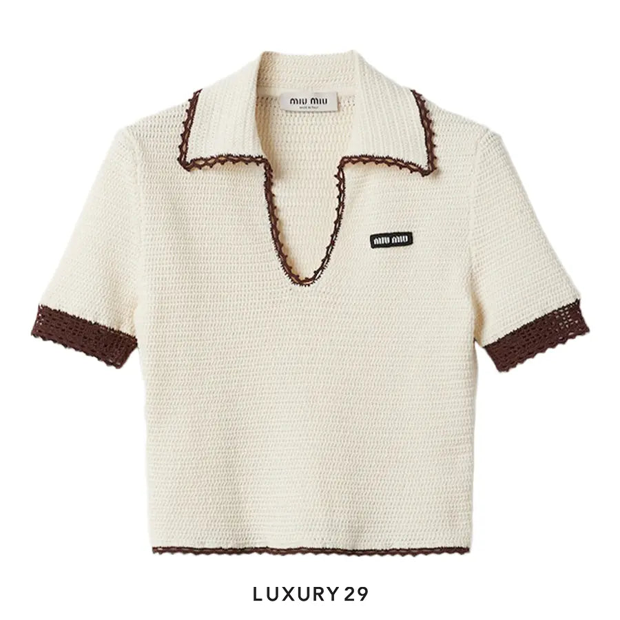 MIU MIU Crocheted cotton polo shirt Ivory/Cocoa Brown