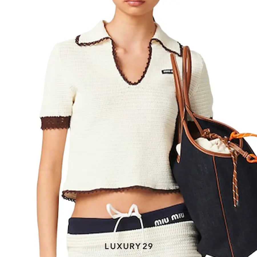 MIU MIU Crocheted cotton polo shirt Ivory/Cocoa Brown MIU MIU