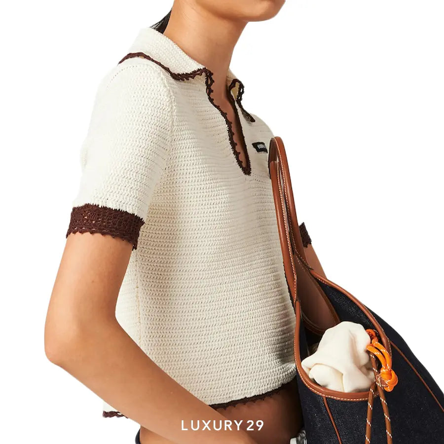 MIU MIU Crocheted cotton polo shirt Ivory/Cocoa Brown MIU MIU