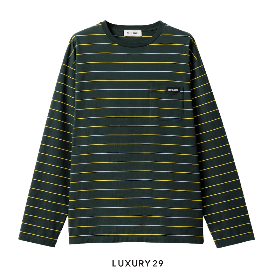 MIU MIU Long-sleeved cotton jersey T-shirt Bottle Green/Yellow MIU MIU