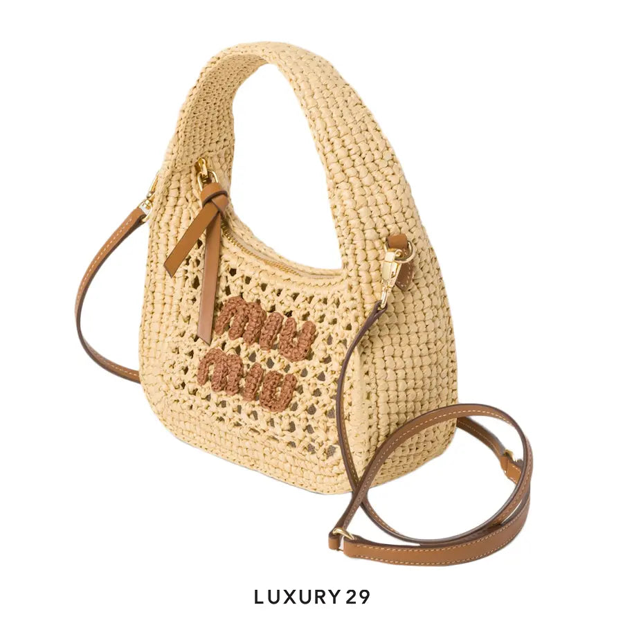 Miu Miu Wander Woven Fabric Hobo Bag Beige/Cognac MIU MIU