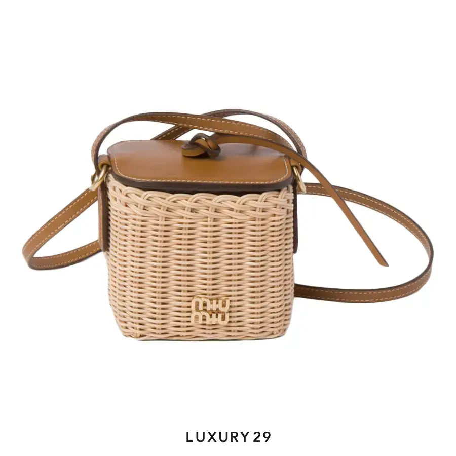 Miu Miu Woven Fabric and Leather Micro-Bag Tan/Caramel MIU MIU Luxury29