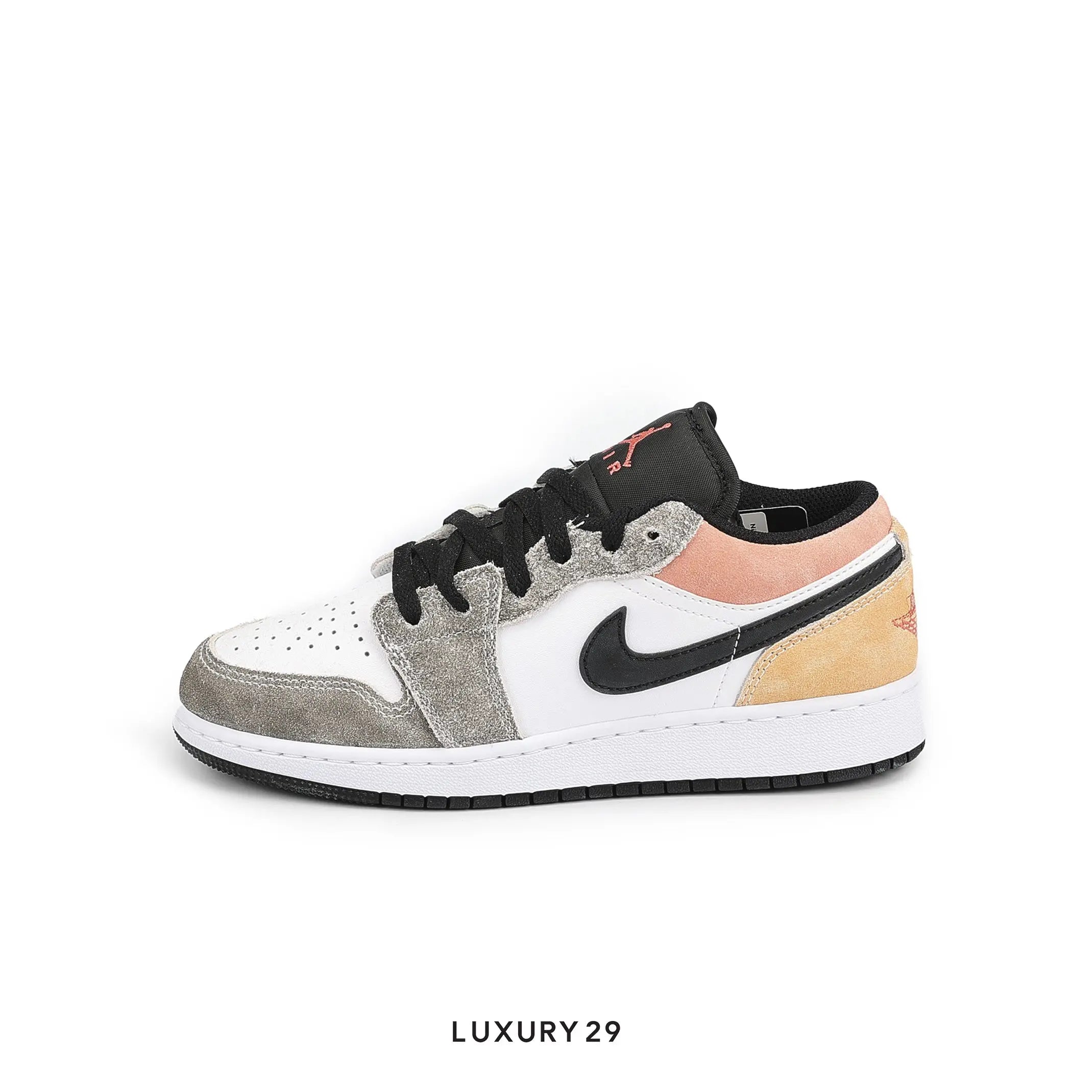 Multicolor sneaker with black Nike logo on a white background