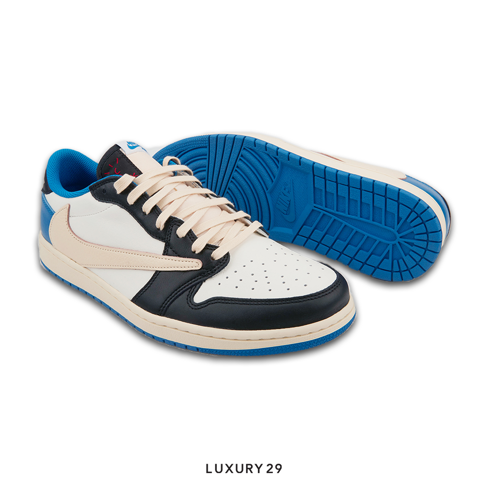 White, black, and blue sneaker with 'LUXURY 29' branding on a white background