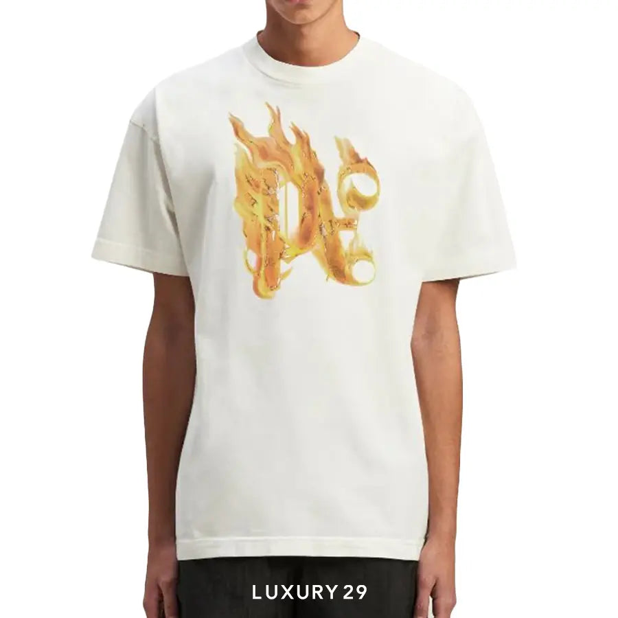 Person wearing a white t-shirt with a gold graphic design on a white background