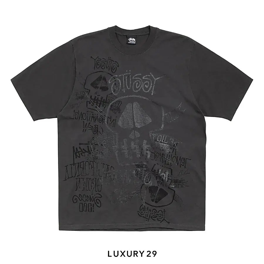 STUSSY SKULLS TEE PIGMENT DYED FADED BLACK