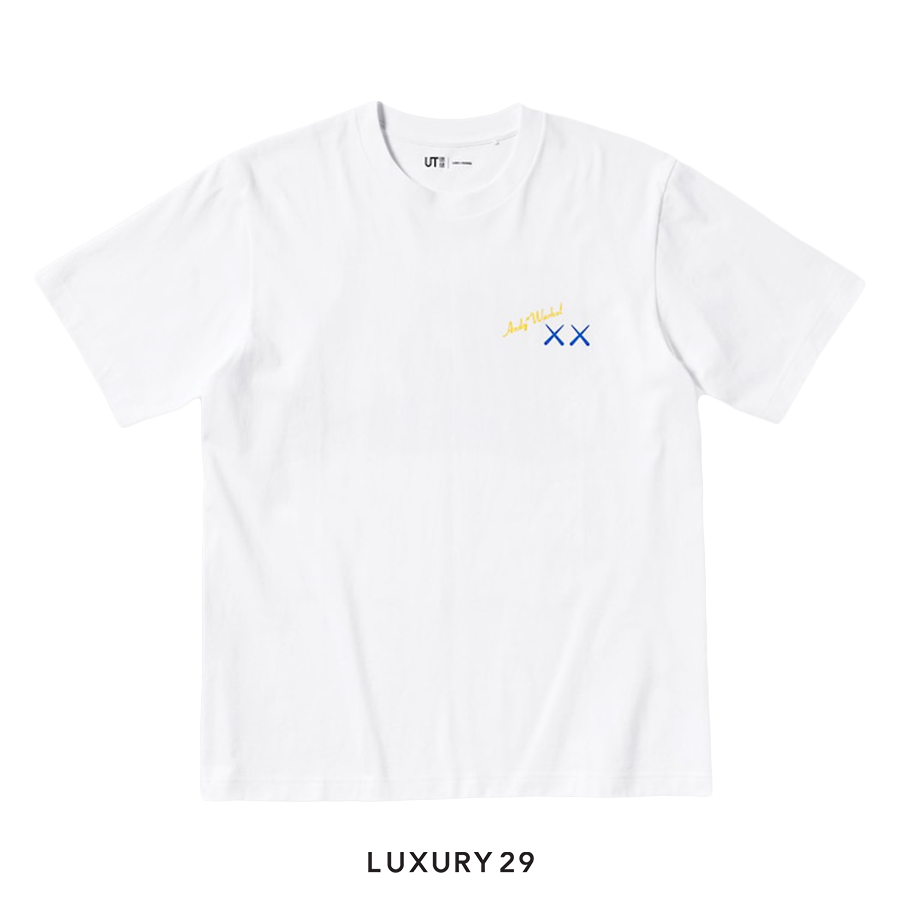 White t-shirt with a small logo on a white background