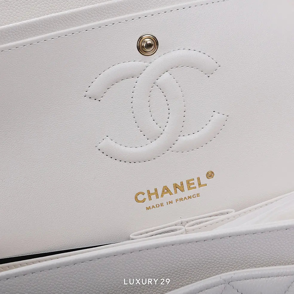 Chanel Small Classic Double Flap Bag White Caviar Light Gold Hardware CHANEL