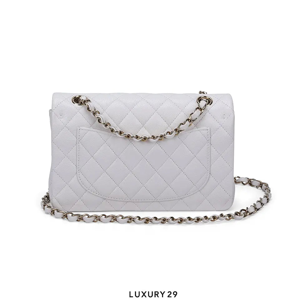 Chanel Small Classic Double Flap Bag White Caviar Light Gold Hardware CHANEL